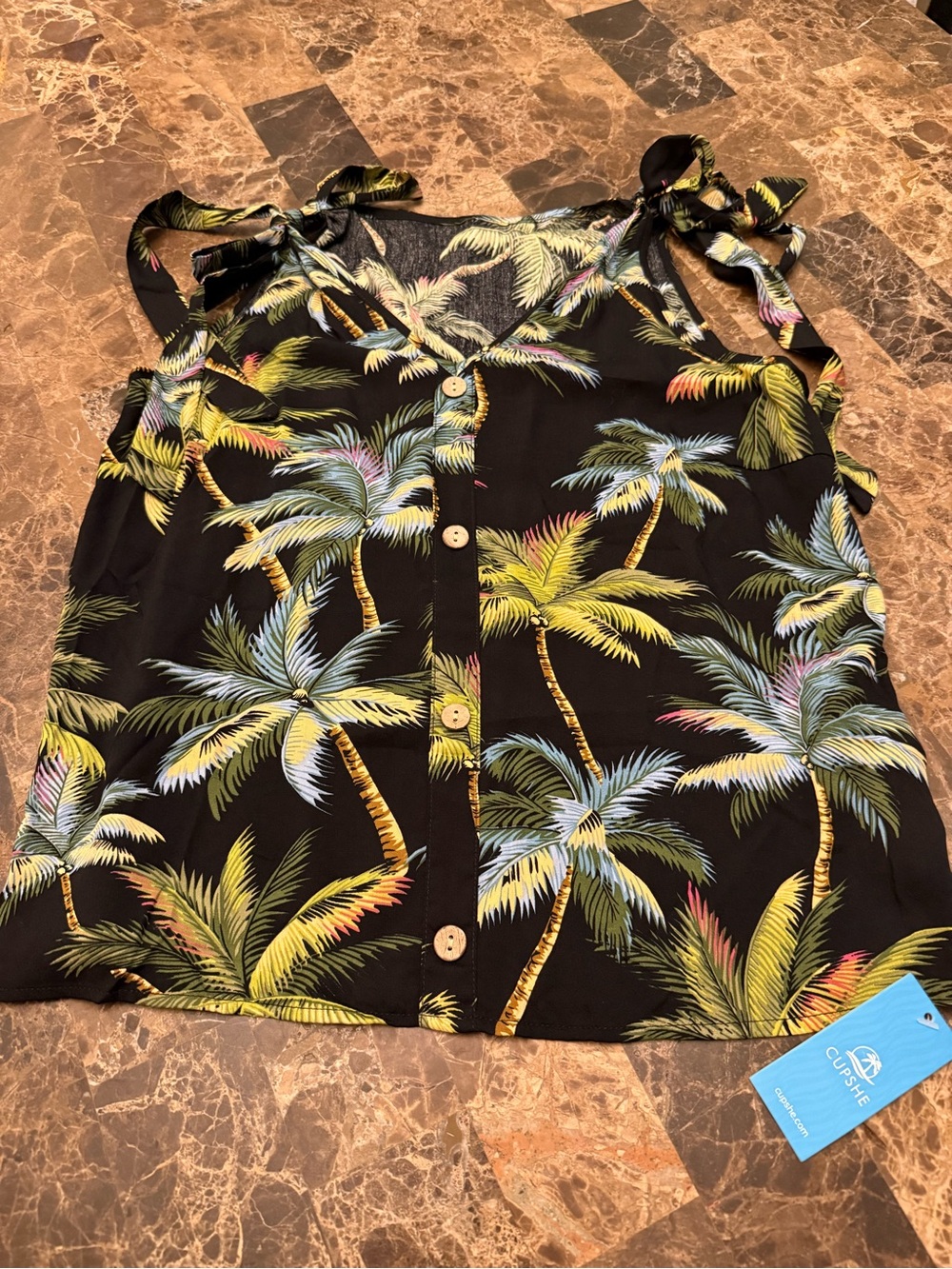 Cupshe Black Palm Print Tie-Shoulder Button Cami